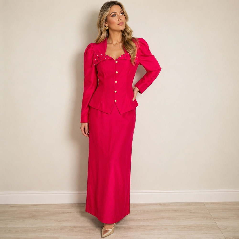 Vintage 80s Hot Pink Maxi Skirt Suit Set S/M Hot Pink Pearl Puff Sleeve USA Glam